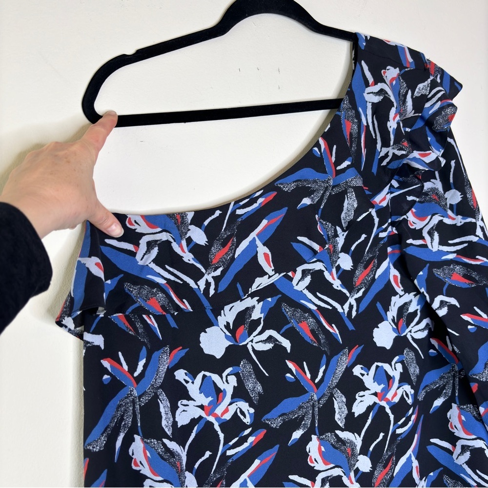 Tanya Taylor Orla Blue Black Red‎ Flora One Shoulder Silk Ruffle Top Size 12 - Picture 8 of 12